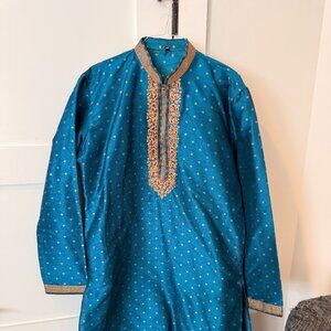 Blue/Gold Men's Kurta - Embroidered (L/XL)